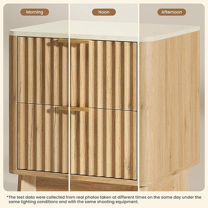 Fluted Nightstand with Faux Marble Top,Modern End Table with Metal Handles,2 Storage Drawers Side Table, Bedside Table for Bedroom,Living Room, Curved Profile Design Furnitue, Natural Oak