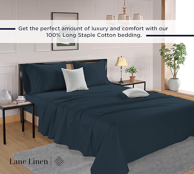 LANE LINEN 100% Cotton Sheets Queen Size – 600 Thread Count Naturally Cooling Queen Bed Set, Durable Bedding for Daily Use, Luxury Sateen Finish, Snug Fit 15" Deep Pocket Fitted Sheet – Estate Blue