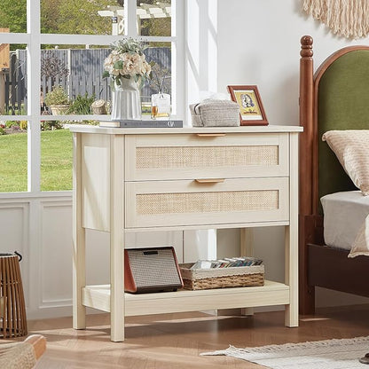 LEYAOYAO 31.5" Wide Rattan Night Stands Set 2, Oversized Large Boho Nightstand with 2 Drawer, Grey White Bed Side End Tables with Storage Shelf, Tall Bedside Table for Bedroom Living Room, Hallway