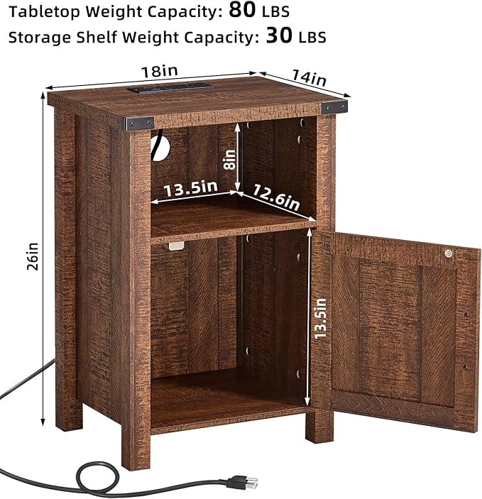 Joaxswe Night Stand Set of 2, 18 Inch Farmhouse Nightstand with with Charging Station and USB Port, Rustic Wood Bedside Table with Magnetic Door, Bed Side Tables for Bedroom, Reclaimed Barnwood