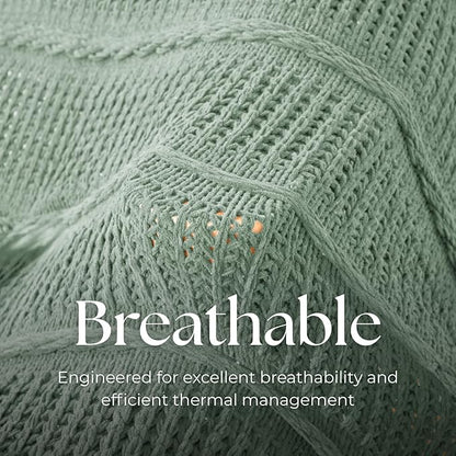 Boho Knitted Chenille Blanket with Tassels - Lightweight & Soft All-Season Throw - 3D Classic Pattern for Living Room Bedroom Couch, Sage Green, Queen 90"x90"