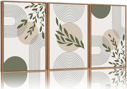 Yeehomedec Boho Sage Green Framed Canvas Wall Art, Mid Century Modern Wall Decor, Large Minimalist Botanical Art Print, Abstract Geometric Line Leaf Art Painting for Bathroom Living Room Bedroom Office 16"x24"x3