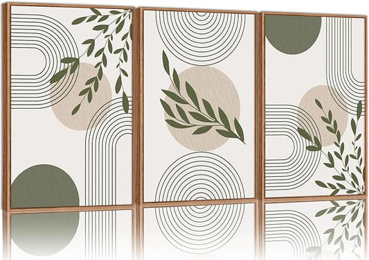 Yeehomedec Boho Sage Green Framed Canvas Wall Art, Mid Century Modern Wall Decor, Large Minimalist Botanical Art Print, Abstract Geometric Line Leaf Art Painting for Bathroom Living Room Bedroom Office 16"x24"x3
