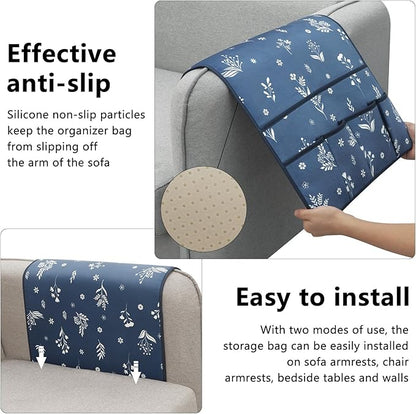 Remote Control Holder for Armchair，Couch Caddy Organizer TV Remote Holder for Bed Storage 5 Pockets，Remote Caddy Bedside Organizer Bedside Table Organizer (Blue, 35''x18'')