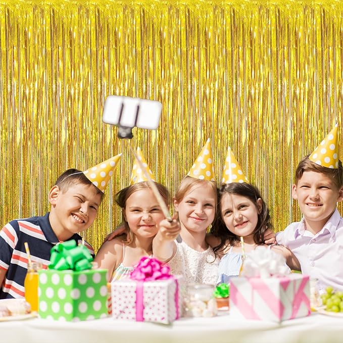 GOER 3.2 ft x 8.2 ft Metallic Tinsel Foil Fringe Curtains Party Photo Backdrop Party Streamers for Birthday,Graduation,New Year Eve Decorations Wedding Decor (3 Packs,Laser Gold)