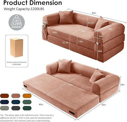 80" Convertible Sofa Bed, 3-in-1 Corduroy Folding Pull Out Couch with Pillows, No Assembly Modern Boneless Couch Compression Sofa in Box, Floor Sofa with Side Storage Pocket for Living Room,Pink