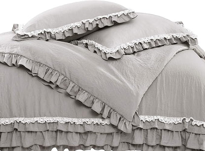 Lush Decor Ella Ruffle Lace Comforter, 3 Piece Set, King, Light Gray - Cute Comforter - King Bedding Set - Gray Bedding - Coquette Decor - Ruffle Trim - Lace Trim