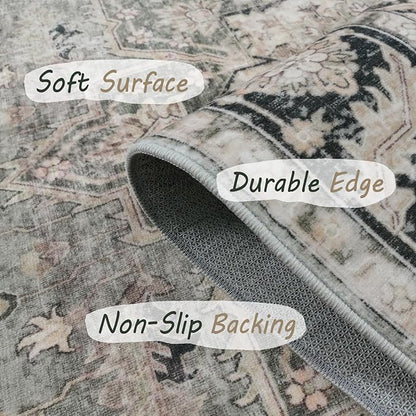 7X9 Area Rugs - 7X9 Washable Area Rug Indoor Vintage Rug Print Rug Low-Pile Floor Carpet for Living Room, Bedroom (Olive Charcoal)