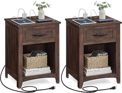VASAGLE LIRY Collection - Farmhouse Nightstands with Charging Station, Set of 2 Bedside Tables, Side Tables with Drawer, Open Compartment, for Bedroom, Maroon Brown ULET959K51