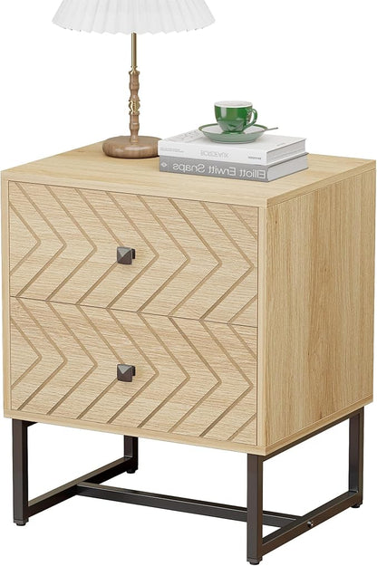 Modern Nightstand with Two Storable Drawers,Sturdy Bedside Table Space-Saving Night Stand with Black Metal Legs for Bedroom,Oak