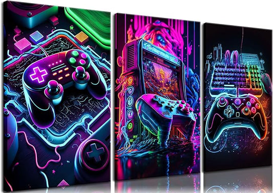 Game Room Decor Posters Set of 3 - Neon Gaming Accessories Theme Canvas Wall Art, Gamer Console Paintings Picture Wall Decor for Children Youth Boys Bedroom 12x16 inch Framed