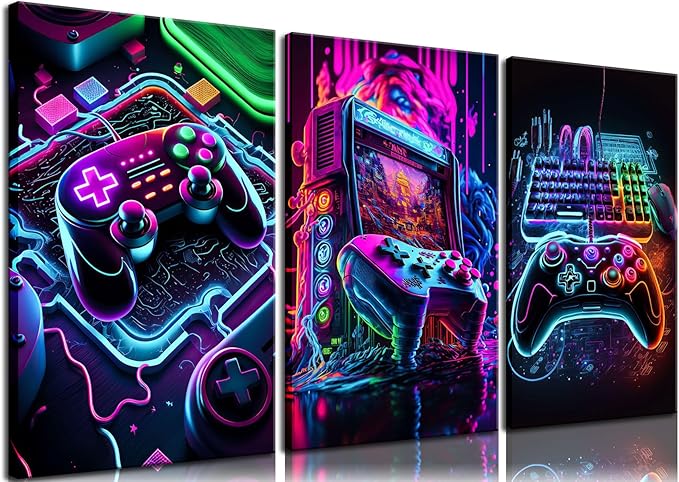 BGFCE Game Room Decor Set of 3 - Neon Gaming Accessories Theme Canvas Wall Art, Gamer Console Paintings Posters Picture Wall Decor for Children Youth Boys Bedroom 16x24in Framed