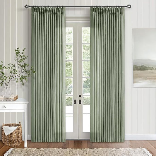 Green Linen Curtains 108 Inches Long 2 Panels Set for Living Room Farmhouse Boho Linen Textured Pinch Pleated Memory Shape Light Filtering Ceiling Semi Sheer Window Curtain Hook Rings Sage Green