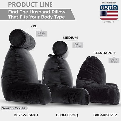 Husband Pillow Black, Original Reading Pillow in Bed Rest Chair, Shredded Memory Foam Large Lounge Cushion Adult Backrest with Arms, Comfy Back Support for Sit Sitting Up, Washable/Removable Cover