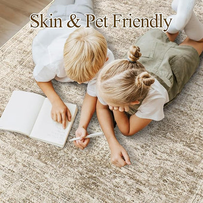 7x9 Area Rug for Living Room Washable Abstract Vintage Soft Thin Indoor Floor Non-Slip Carpet for Bedroom Dining Room Brown