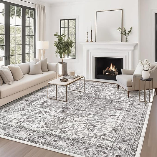 zesthome 8x10 Area Rugs for Living Room,Non-Slip Backing Washable Rugs,Vintage Large Area Rug，Stain Resistant Home Decor Rug (Grey/White,8'x10')