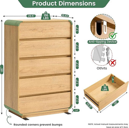 5 Drawer Dresser, Modern Dresser with Storage, Chest Drawers with Wood Grain Texture, Drawers Organizer for Bedroom, Living Room, Hallway, Natural.