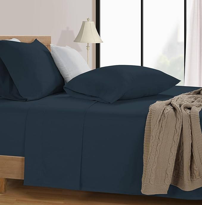LANE LINEN 100% Cotton Sheets Queen Size – 600 Thread Count Naturally Cooling Queen Bed Set, Durable Bedding for Daily Use, Luxury Sateen Finish, Snug Fit 15" Deep Pocket Fitted Sheet – Estate Blue