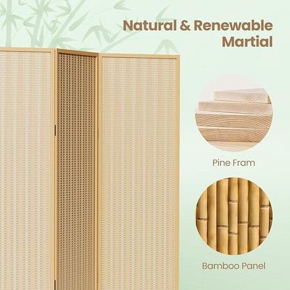4 Panel Room Divider and Extra Wide Folding Privacy Screen, 63" W x 67" H, Bamboo Room Divider for Room Separation