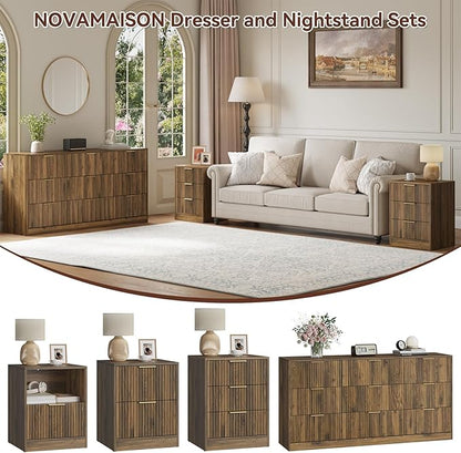 Walnut Dresser & 3 Drawer Nightstand Set 3-Piece, 63” Long 9 Drawer Dresser and Night Stand Set of 2, Fluted Modern Wood Chest of Drawers Storage Dressers Set for Bedroom, Walnut