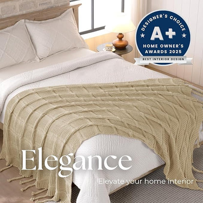 Boho Knitted Chenille Blanket with Tassels - Lightweight & Soft All-Season Throw - 3D Classic Pattern for Living Room Bedroom Couch, Sandy Beige, Queen 90"x90"