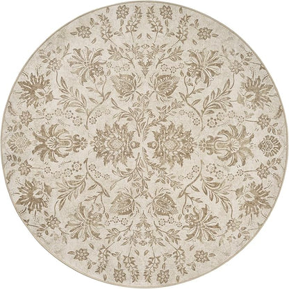 jinchan Torino Classic Floral Round Rug 6ft, Vintage-Inspired Neutral Design 6’Circle Rug, Machine Washable Ultra-Thin Low-Pile Non-Slip Indoor Carpet for Bedroom Living Room Entryway, Taupe