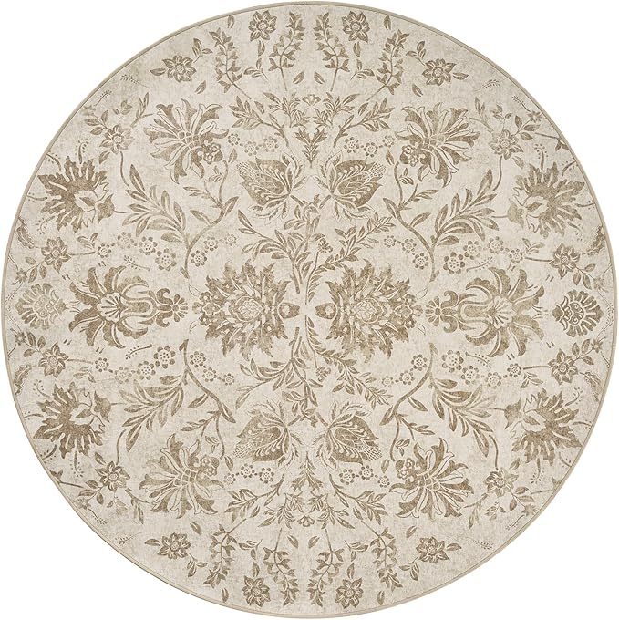 jinchan Torino Classic Floral Round Rug 5ft, Vintage-Inspired Neutral Design 5’Circle Rug, Machine Washable Ultra-Thin Low-Pile Non-Slip Indoor Carpet for Bedroom Living Room Entryway Taupe