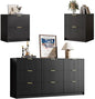 3-Piece Dresser Bedroom Set, 9 Drawer Dresser & 2 Drawer Nightstands with Gold Handles, Fluted Wood Chest of Drawers for Bedroom, Living Room, Entryway, Black