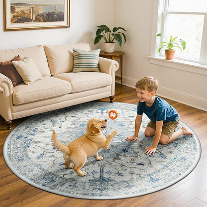 Area Rugs 5ft Washable Non-Slip, Floral Vintage Distress Print Pattern Medallion Carpet for Living Room Bedroom Dining Room, Light Blue Navy Beige Gray White