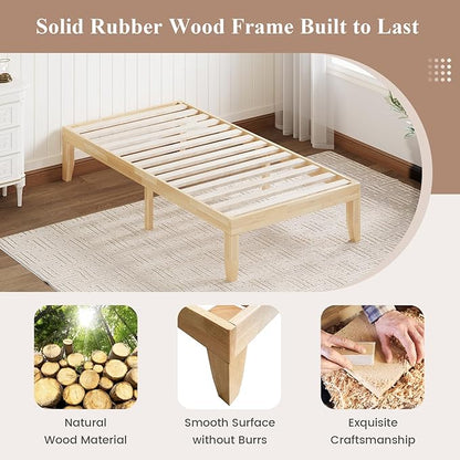Giantex 14 Inch Twin Wood Platform Bed Frame, Minimalist Style Mattress Foundation with Solid Rubber Wood, Heavy Duty Slat Support, Without Headboard, Easy Assembly, No Box Spring Needed, Natural