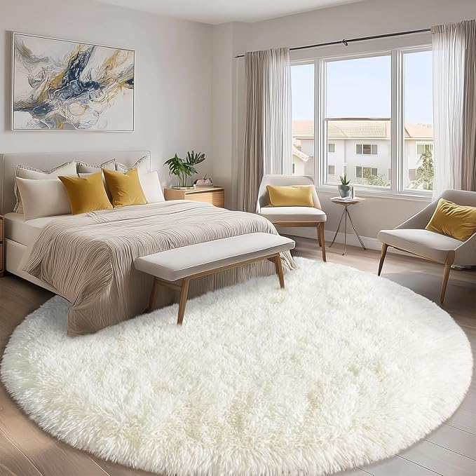 Round White Rug for Bedroom, 8 ft Circle Area Rugs for Living Room, Soft Large Fluffy Shag Carpet for Teen Girls Boys Nursery Room Dorm Home Decor Aesthetic