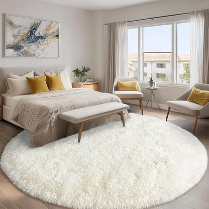 Round White Rug for Bedroom, 8 ft Circle Area Rugs for Living Room, Soft Large Fluffy Shag Carpet for Teen Girls Boys Nursery Room Dorm Home Decor Aesthetic