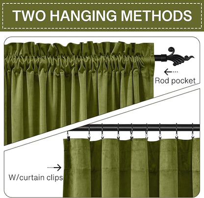 StangH Olive Green Velvet Curtains 108 inches Long Christmas Holiday Home Decor, Soft Thick Light Blocking Privacy Sliding Door Curtains for Dining Room, W52 x L108, 2 Panels