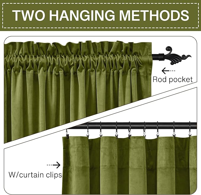 StangH Olive Green Velvet Curtains 102 inches Long 2 Panels for Christmas Decor, Room Darkening Warming Drapes Privacy Protect Cold Blocking for Dining Room/Hotel Hall, W52 x L102