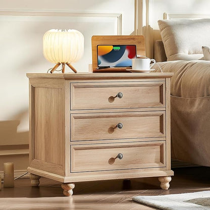 24" Wide Farmhouse Nightstand with Charging Station Set of 2, 45" Tall Rustic Chests of 5 Drawers w/ 4 Solid Wood Feet, Farmhouse Furniture Series for Living Room,Bedroom,Wood