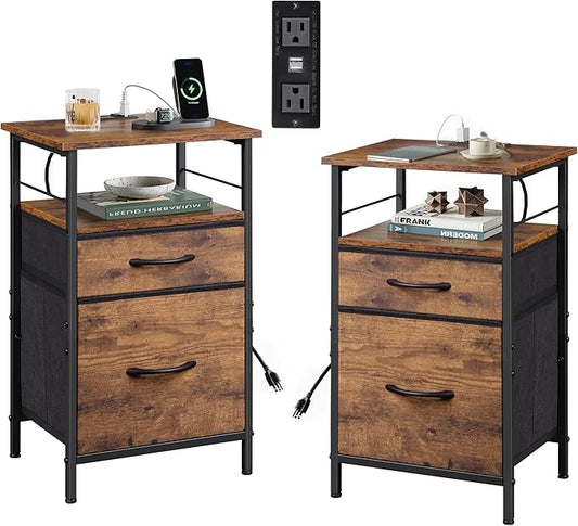 WLIVE Night Stand Set 2, Nightstand with Charging Station, Bedside Tables for Bedroom, Side Table with Fabric Drawers, USB Ports and Outlets, Rustic Brown