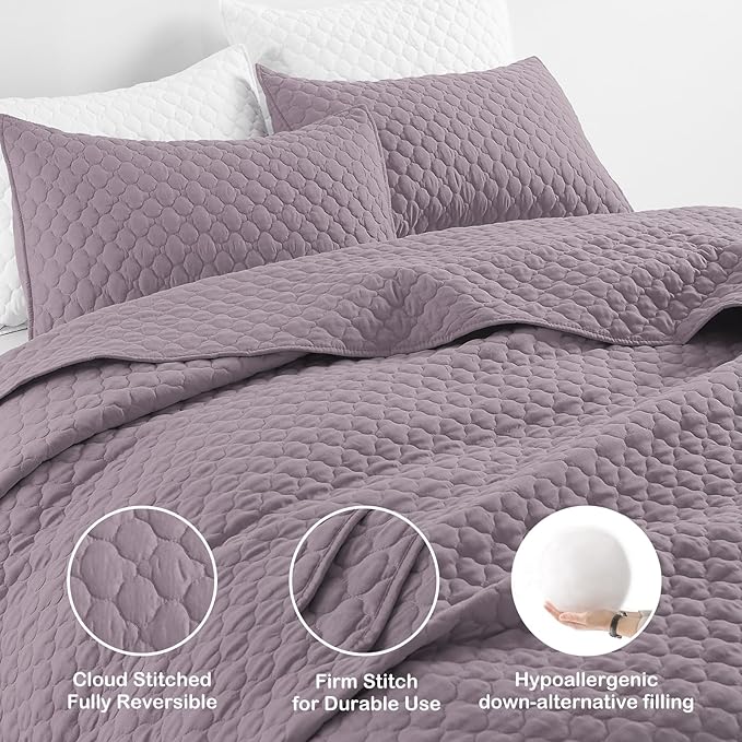 HORIMOTE HOME Quilt Twin Size Grayish Purple, Lightweight Quilt for Summer Ultra-Soft Microfiber Modern Style Quilted Clouds Pattern Bedspread Quit Set 2 Pieces (1 Quilt and 1 Pillow Sham)