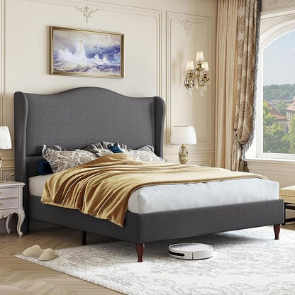 koorlian Full Size Bed Frame Upholstered Platform Bed with 51" Tall Headboard Wingback, Soft Fabric, Retro Simple Style Platform Bed No Box Spring Needed, Easy Assembly, Grey