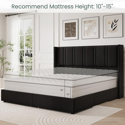 LARMACE King Size Bed Frame with 4 Storage Drawers and Wingback Headboard Velvet Upholstered Platform Bed Frame with Wooden Slats, Easy Assembly, Black