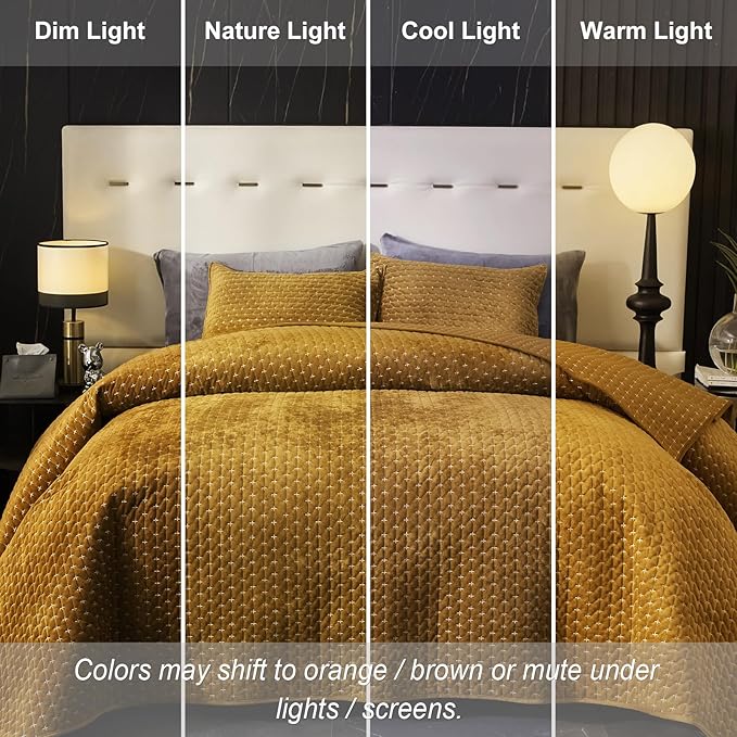 Powdion Velvet Quilt Queen, Oversized Bedspread Quilted Bedding Set, Luxurious Soft Coverlet Set Lightweight Velvet Comforter with 2 Pillow Shams,Brwon, 90x96 Cross Stitch Striped Quilt Queen
