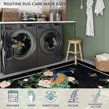 Lahome Peacock Area Rugs 8x10, Black Washable 8x10 Rugs for Living Room, Floral Non Slip Vintage Ultra-Thin Stain Resistance Large Carpet for Bedroom Office Farmhouse Dining Room, Black
