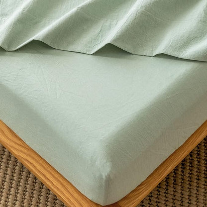 MooMee Fitted Bottom Sheet Only 100% Washed Cotton Linen Like Textured Breathable Durable Soft Comfy Deep Pocket Fits Mattress up to 17" (Sage Green, Twin)