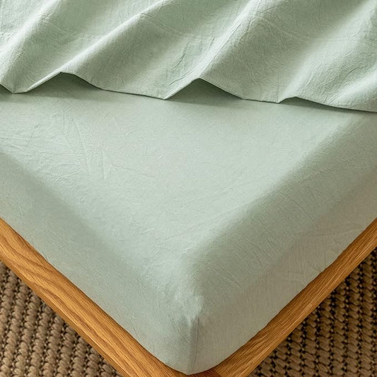 MooMee Fitted Bottom Sheet Only 100% Washed Cotton Linen Like Textured Breathable Durable Soft Comfy Deep Pocket Fits Mattress up to 17" (Sage Green, Twin)