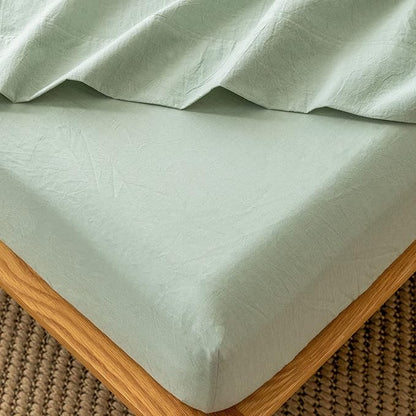 MooMee Fitted Bottom Sheet Only 100% Washed Cotton Linen Like Textured Breathable Durable Soft Comfy Deep Pocket Fits Mattress up to 17" (Sage Green, King)