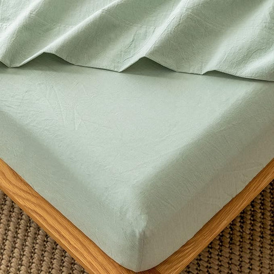 MooMee Fitted Bottom Sheet Only 100% Washed Cotton Linen Like Textured Breathable Durable Soft Comfy Deep Pocket Fits Mattress up to 17" (Sage Green, Queen)
