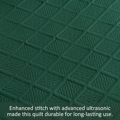 Yiran Quilts Queen Size, Emerald Green Spring Summer Bedspread Bedding Set, 3 Pieces Diamond Pattern Lightweight Microfiber Coverlet with 2 Pillow Shams for All Season 96x90 Inch