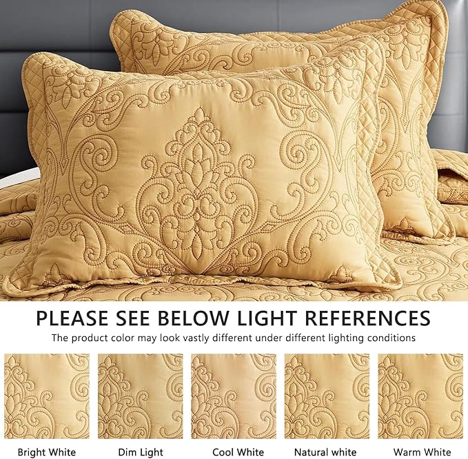 CHIXIN Oversized King Bedspread 128x120 Extra Wide - Lightweight Bedding Cover - Beautiful Stitching - 5 Piece Reversible Bedspread - Luxury Damask Paisley Pattern (King/Cal King, Honey-Gold)