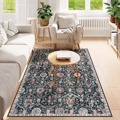 Lahome Moroccan Machine Washable Rugs for Living Room, 4x6 Rug for Bedroom Non-Slip Vintage Trellis Ultra-Thin Throw Carpet for Dining Room Office Nursery, Black/Multi