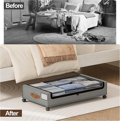 LAMU Under Bed Storage with Wheels, 2 Pack Under Bed Storage Containers with Clear Lid, XXL 60L Underbed Storage Bins, Rolling Under Bed Metal Drawers for Clothes, Blankets, Shoes, Grey