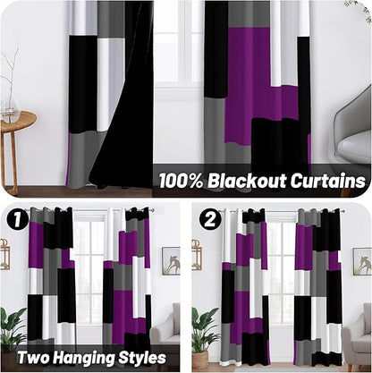 Purple 100% Blackout Curtains for Bedroom 63 inch Length 2 Panels Set Black Grey Modern Abstract Geometric Black Out Curtains Insulated Room Darkening Window Drapes for Living Room, 52Wx63L